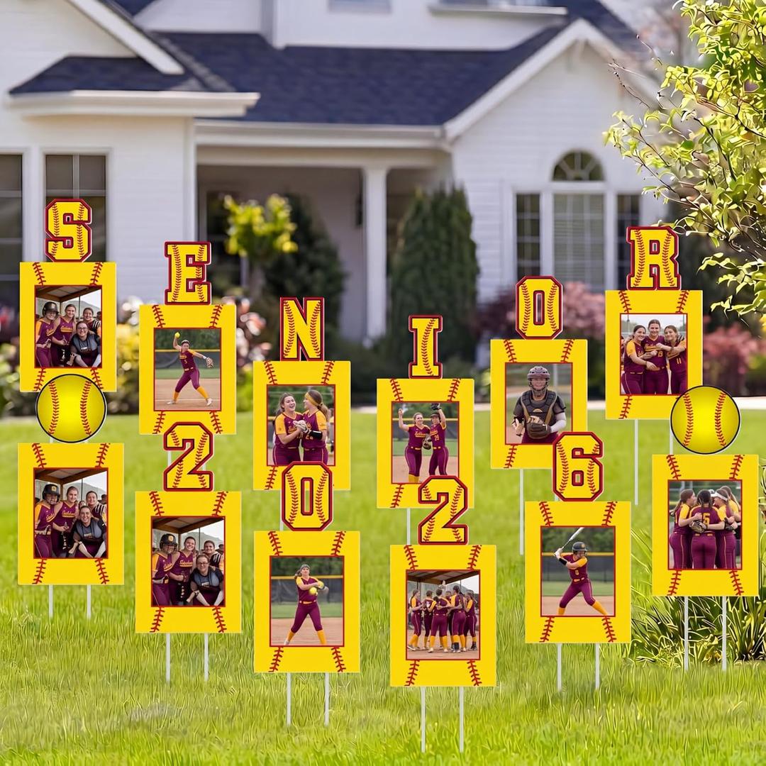 Fuutreo 12 Pcs 2026 Senior Night Softball Graduation Photo Yard Signs Outdoor Graduation Decoration K-12 Grade Class of 2026 DIY Picture Frame Lawn Sign with Stake for Garden High School Party Decor