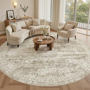 Soalmost 9x9 Brown Round Rug 9ft Living Room Circle Rug Vintage Round Area Rug Non Slip Indoor Carpet for Apartment