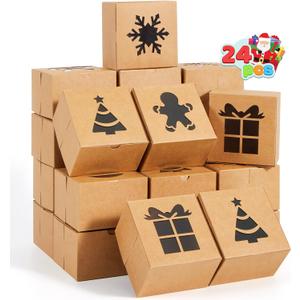 JOYIN 24 PCS Christmas Cookie Boxes for Gift Giving, 4"x 4"x 2.5" Small Bakery Cookie Boxes with Window, Brown Cardboard Treat Box for Cupcakes, Brownies, Donuts, Truffles, Holiday Wrapping Presents