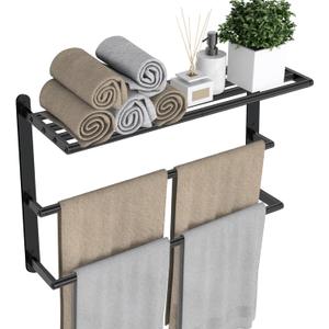 Towel Racks for Bathroom, 24 in Black Towel Shelf with Double Towel Bar, 3 Tier Stainless Steel Towel Storage, Bath Towel Holder Wall Mounted for Lavatory Organizer Decor RV Camping