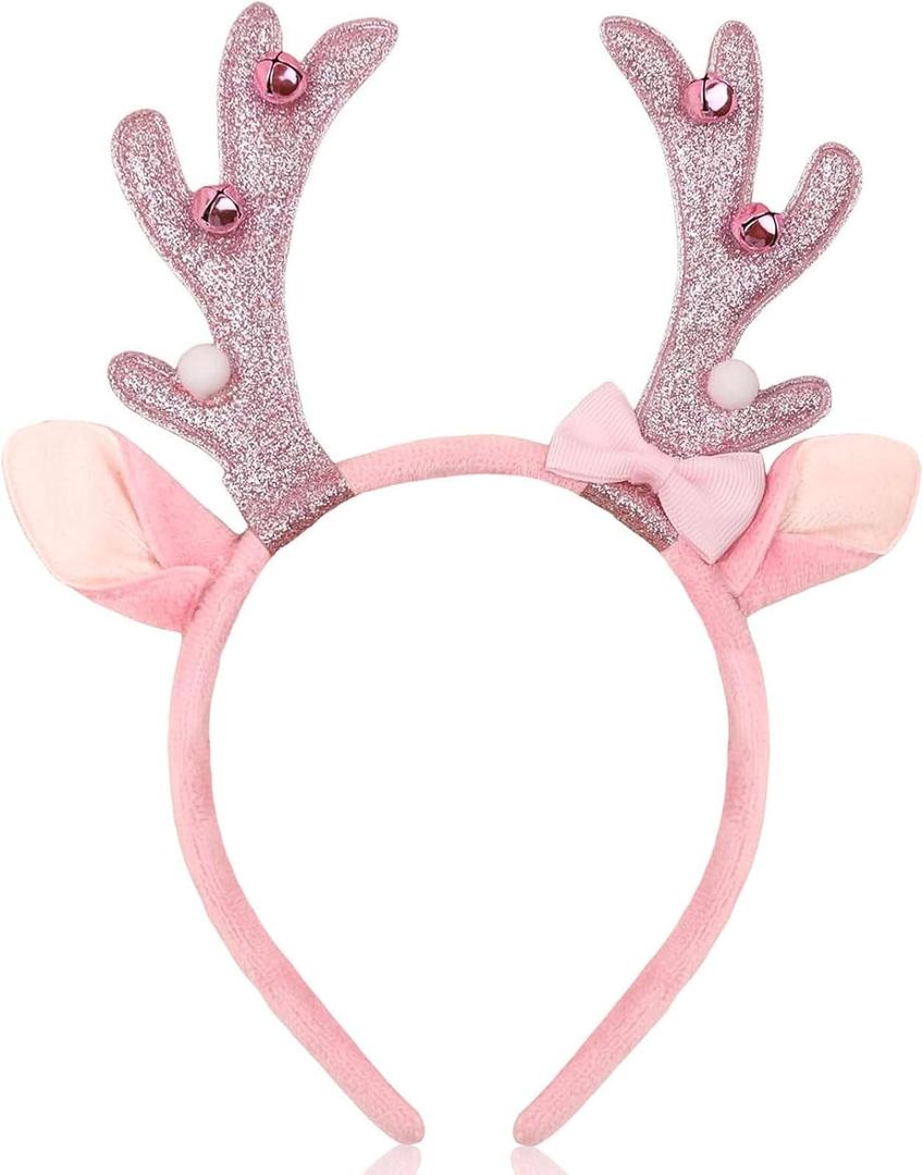 Christmas Reindeer Headband with Bells, Christmas Festive Glitter Pink Deer Antler Hair Accessory Hairband for Women Xmas Party Decoration Supplies