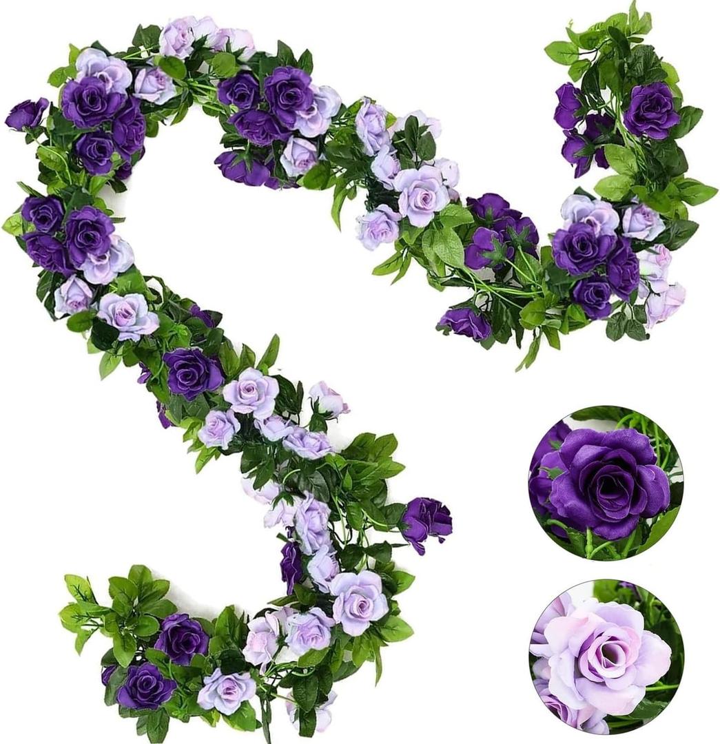 JUSTOYOU 2 Pack (15.8FT) Fake Rose Garland, Artificial Roses Vines Flower Garland Hanging Floral Vine Wedding Home Backdrop Party Arch Arrangement Decoration (Purple)