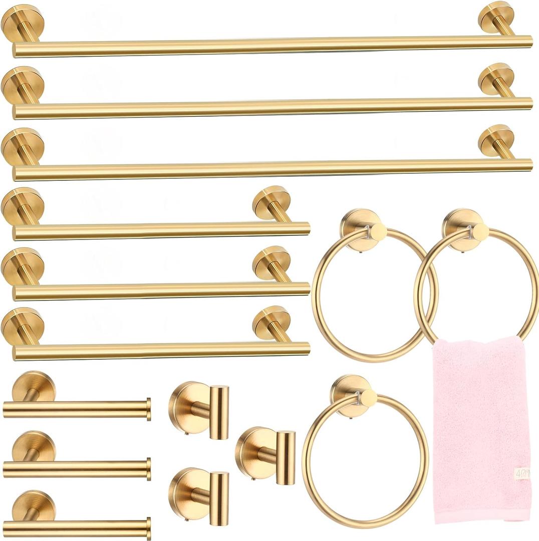 Gisafai 15 Piece Bathroom Hardware Set, 23.6 Inch Brushed Towel Bar Ring Toilet Paper Holder Robe Towel Hook, Sus304 Stainless Steel Bathroom Accessory Set Wall Mounted(Gold)