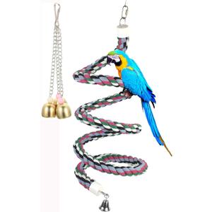 65inch Cotton Bendable Rope(Plus 1 Set 3 Steel Bells) Perch Swing Bird Chew Toys Amazon Parrots Cage Toys with Bell Swing Climbing Standing Bungee Bird Toys for Large to Regular Size Birds