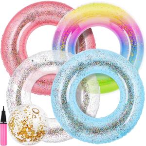 Elcoho 6 Packs Pool Floats Inflatable Pool Floats Colorful Sparkling Glitter Swim Rings with Sequined Beach Ball and Pump for Beach, Party Supplies