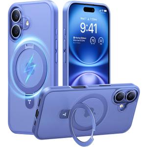 TORRAS Magnetic for iPhone 16 Case with Stand, Built-in Stand Compatible with MagSafe, 3X Military-Grade Protection, Translucent Slim Phone Case for iPhone 16 6.1'', Matte Blue