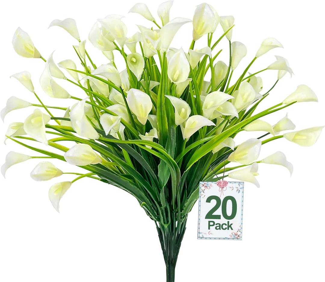 TURNMEON 20 Bundles Calla Lily (400 Heads) Artificial Flowers for Outdoors, Fake Plants UV Resistant Faux Plastic Fake Flowers for Indoor Planter Home Porch Yard Spring Summer Cemetery Decor(White)