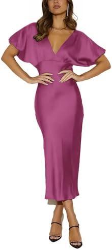 Satin V Neck Puffy Sleeves Silk Midi Dresses Empire Waist Elegant Tie Back Formal Cocktail Dress for Women Wedding Guest, XL