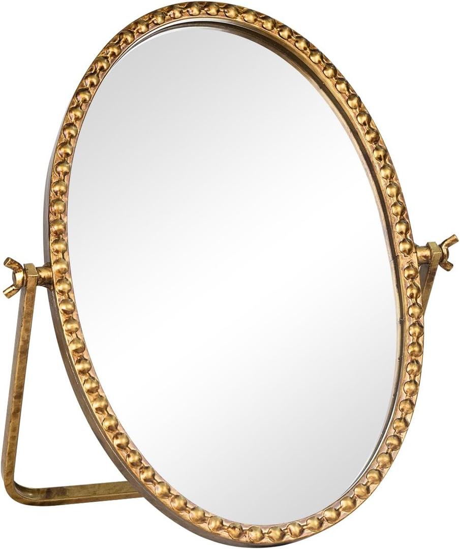 Vintage Desk Makeup Mirror, 12" L x 7.9" W Antique Gold Vanity Table Mirrors, Metal Framed Oval Small Standing Mirrors with Beaded, 360 Adjustable Rotation for Tabletop, Bedroom