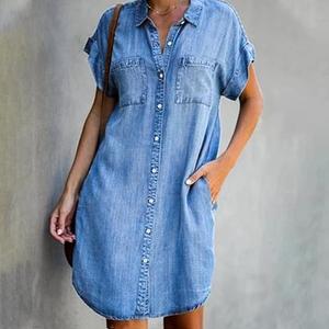 Summer Denim Dress for Women Short Sleeve Button Down Casual Western Jean Dresses (Small, blue)
