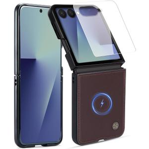 ASAPDOS Genuine Leather Folio Magnetic Case for Samsung Galaxy Z Flip 7 [Compatible with MagSafe],Built-in Screen Protector and Thin Slim Protective Case Cover Coffee