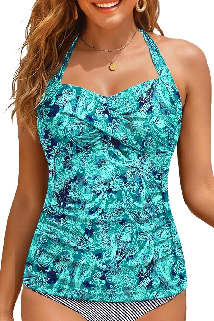 Women Tankini Bathing Suit Top - Halter Swim Tops Only Tummy Control No Bottom Swimwear (Medium, Green Paisley)