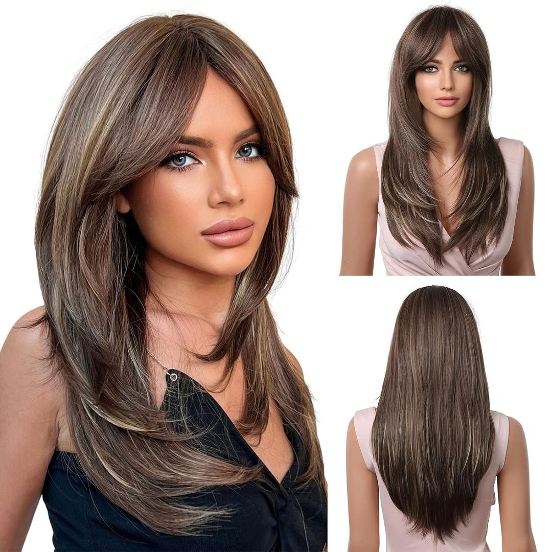 Long Layered Wigs Human Hair with Bangs Brown Highlights for Women Natural Looking Daily Use (Brown with Highlights,23 Inch)
