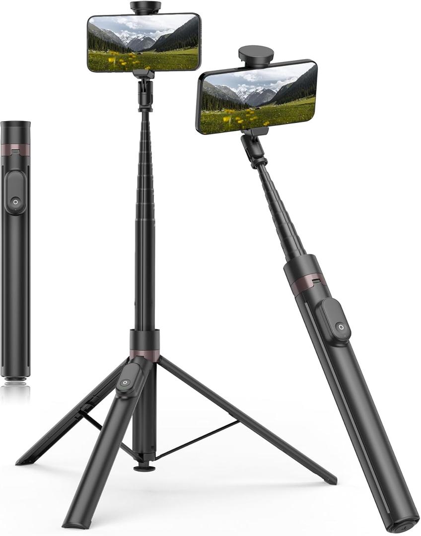 TONEOF 70" Automatic Phone Tripod with Magnetic Rechargable Remote,Selfie Stick 360 Vertical & Horizontal Rotatable,Stable for iPhone/Android(Black) (70in)