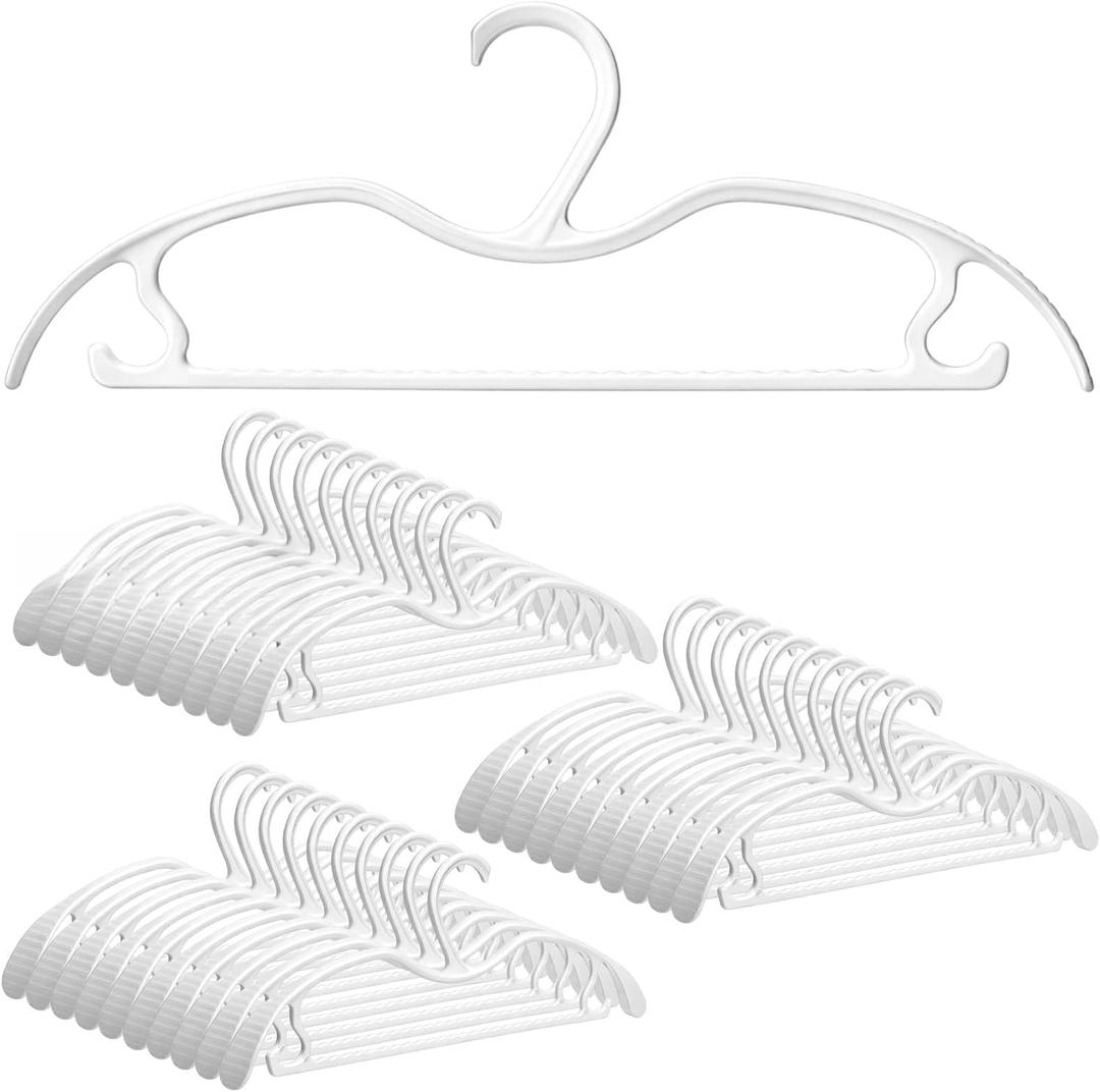 Pinkunn 30 Pack Short Neck Hangers, Heavy Duty Vertical Space Saver Wide Shoulder Clothes Hanger, Wave Pattern Non-Slip Plastic White Hangers for Coats, Suits, Dresses, Pants