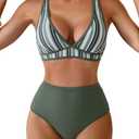 Aidonger Women's High Waisted Bikini Sets Two Piece Color Block Triangle Swimsuits Sexy V Neck Bathing Suits S