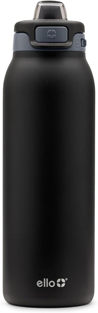 Ello Pop & Fill Stainless Steel Water Bottle with Quick Fill Technology, Double Walled Vacuum Insulated Metal, Leak Proof Locking Lid, Sip & Chug, BPA Free, Holiday Gift for Him Her, 22oz, 32oz, 40oz (Tonal Black)