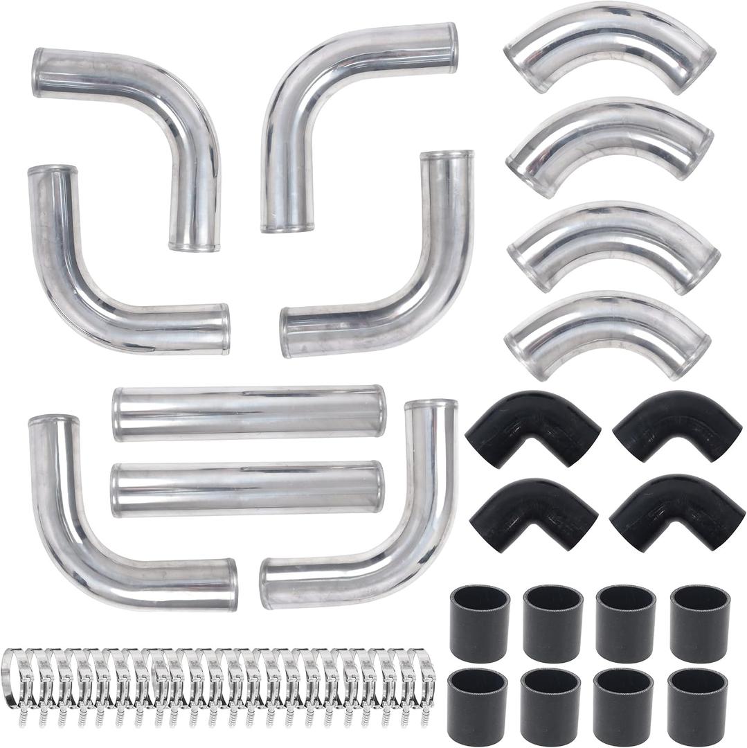 12Pcs - 2.5" Universal Aluminum Turbo Intercooler Piping U-Pipe Kit w/Silicone Coupler and Stainless Steel T-Clamps DIY Custom Pipe Polished