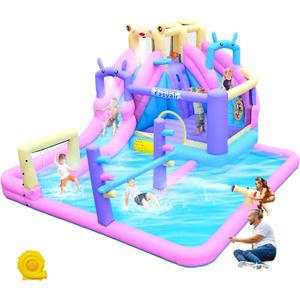 Inflatable Bounce House Water Slide Combo, Blow Up Water Slides for Backyard, Kids Jumper with Climbing Wall, Basketball Hoop, Splash Pool with Blower