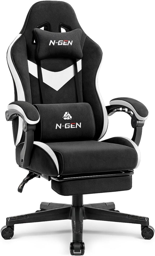 N-GEN GAMING Video Gaming Chair with Footrest Lumbar Support for Home Office High Back Recliner Height Adjustable Ergonomic Comfy Fabric Computer Desk Chair (Black)
