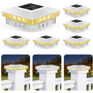 Solar Post Cap Lights 6 Packs for 4x4 Wooden/Vinyl Posts, IP65 Waterproof Fence Post Solar Lights with Warm/Cool/Neutral Lighting, Outdoor Post Lights for Garden, Patio, Porch- White
