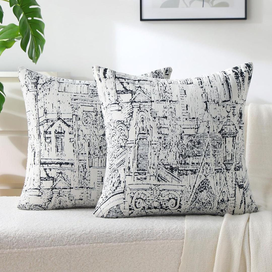 FUTEI Black White Decorative Throw Pillow Covers 18x18 Inch Set of 2,Soft Cozy Geometric Textured Chenille Jacquard Cushion Cases,Modern Home Decor for Couch Bed Living Room