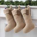 Shinymoon 3 Pcs 21 Inch Brown Plush Faux Fur Christmas Stockings Sherpa Large Furry Cream Personalized Rustic Neutral Luxury Fuzzy Stocking Xmas Fireplace Stockings with Wooden Tags Farmhouse Decor (Khaki)