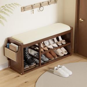 Solid Wood Shoe Bench with Leather Cushion, Shoe Storage Organizer with Side Holder, Shoe Rack Bench for Entryway, Hallway, Living Room, Mudroom, Holds Up to 600lb (Walnut, 31.5"Wx12.6"Dx18.9"H)