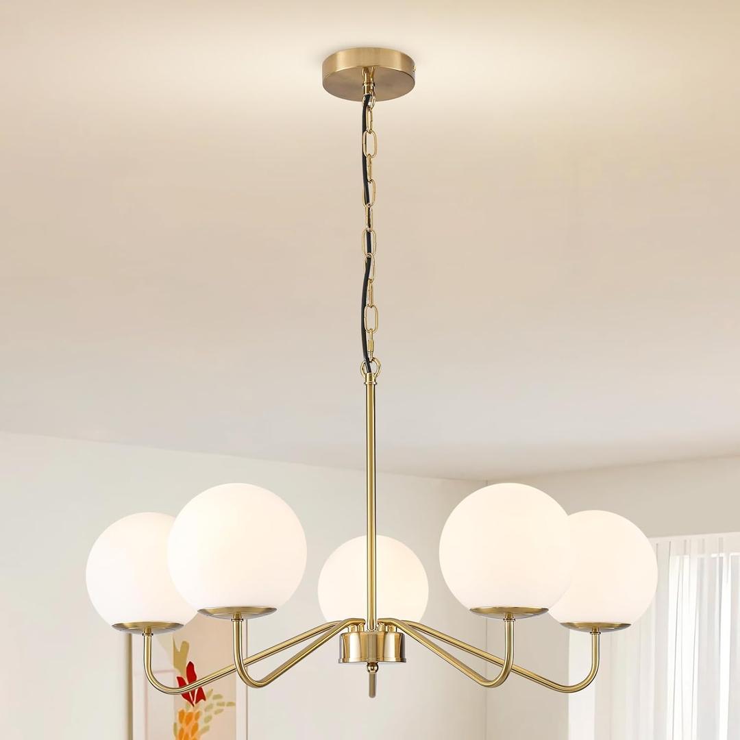 5-Light Gold Modern Chandeliers for Dining Room, Mid-Century Sputnik Chandelier Light Fixture with Large Milk White Glass Globe, Height Adjustable for Farmhouse Kitchen Island Living Room Bedroom
