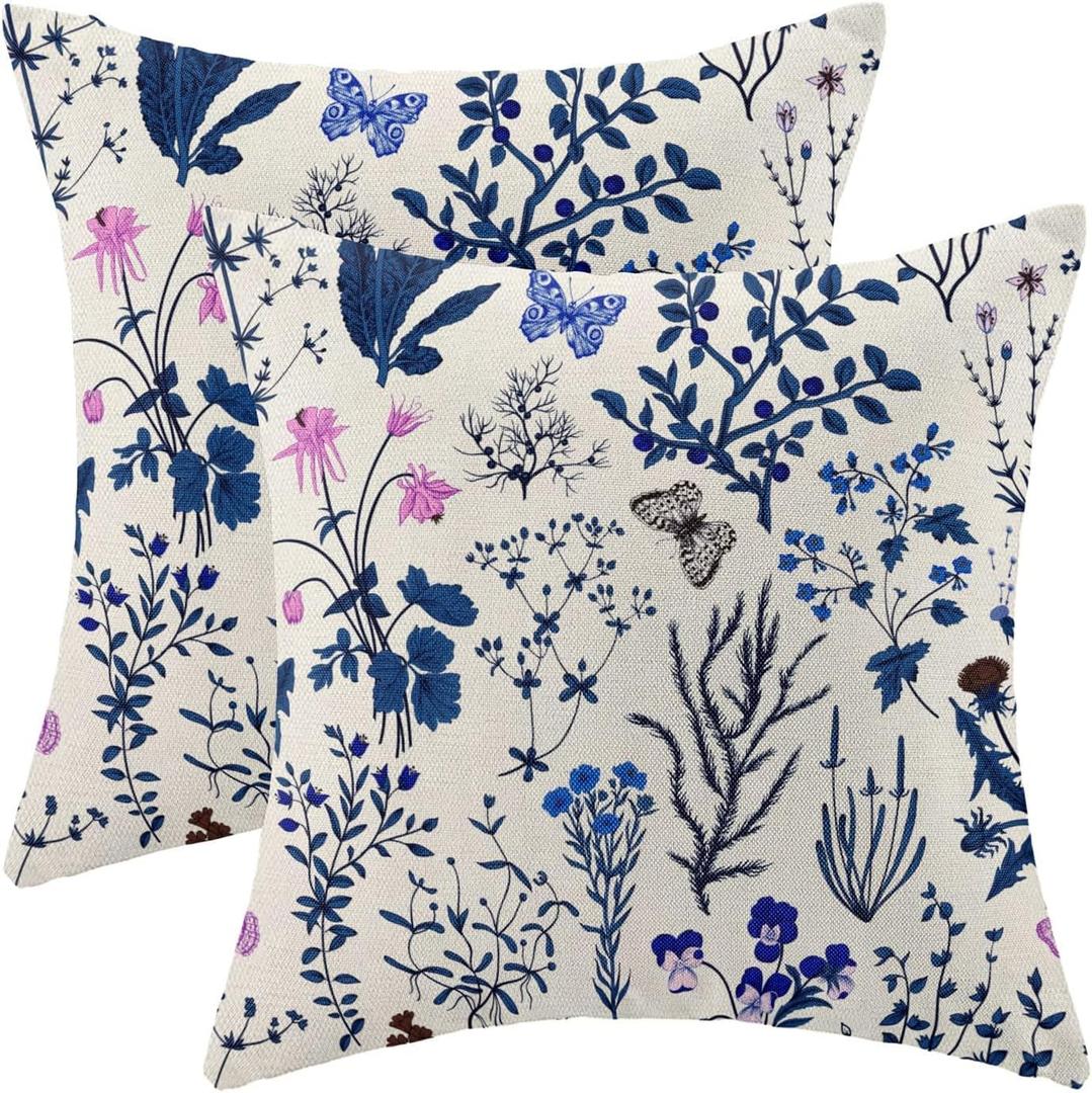 AEIOAE Summer Pillow Covers 20x20 Inch Set of 2,Navy Blue Wild Flower Plant Throw Pillows Case,Seasonal Floral Outdoor Decorative Square Linen Farmhouse Decor Cushion Covers for Home Sofa Bed Couch