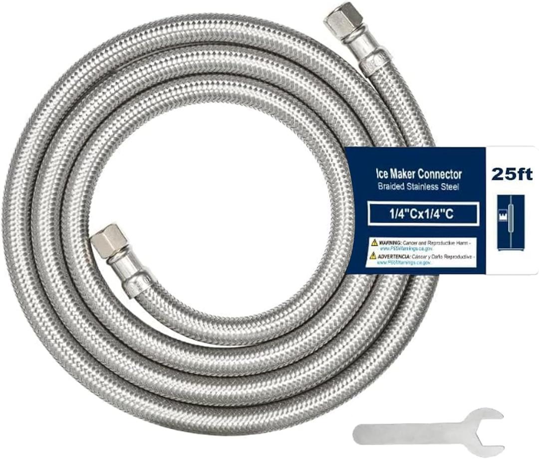 25ft Refrigerator water line with 1/4" Comp by 1/4" Comp Connection, Food grade PEX Inner Tube Fridge Water Line with Wrench, Stainless Steel Braided Ice Maker Water Hose