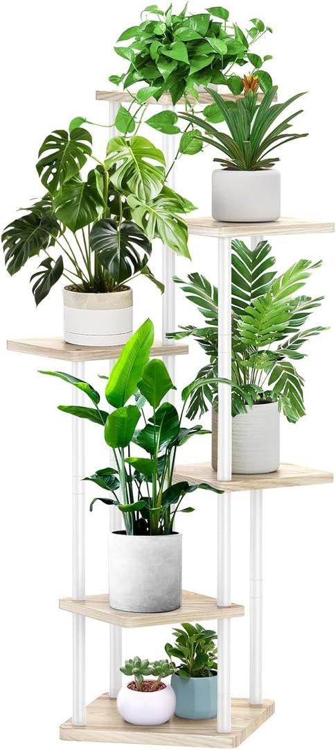 YOCOMEY 6 Tier Wood Tall Plant Stand Metal Rack Indoor, Multiple Flower Pot Holder Shelves Corner Rack, Planter Shelf Display Rack Storage Organizer for Patio Living Room Balcony Garden(White Oak)