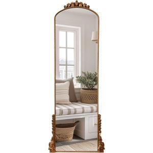 18x48Inches Gold Antique Arched Mirror Full Length Traditional Vintage Ornate Mirror Hanging Baroque Carved Full Body Wood Framed Floor Mirror for Bedroom Hallway Fireplace Decor