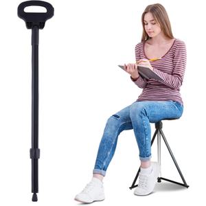 ALEVMOOM Walking Cane with Seat Folding Lightweight, 2-in-1 Cane Stool for Adults, Aluminum Walking Stick with Seat, Capacity 330lb Portable Stool for Senior, with Carry Bag-Black, 34 IN-1.8 LBS