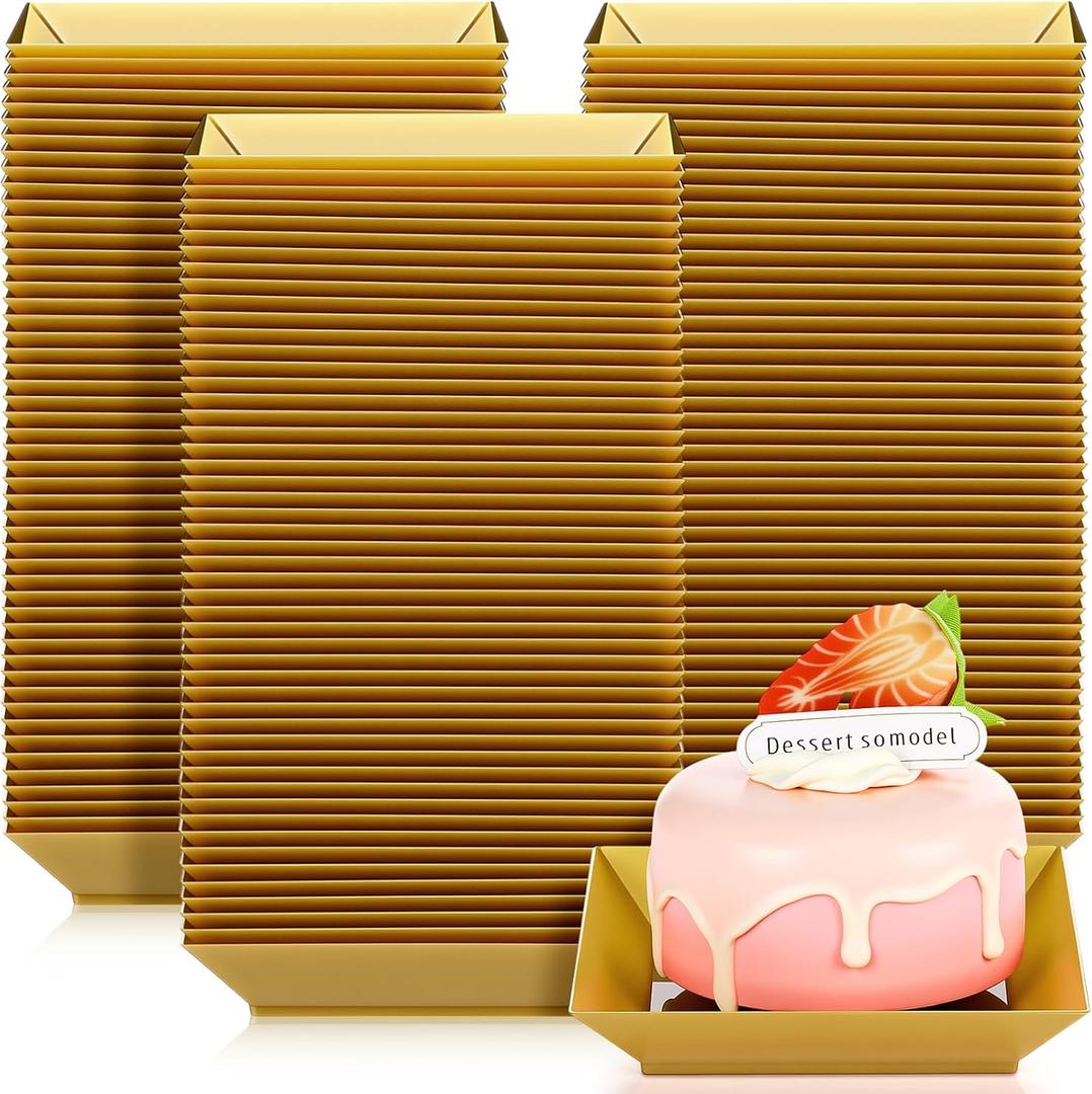 Zhehao 100 Pcs Plastic Dessert Appetizer Plates Disposable, 3.6 x 3.6 Inch Small Square Plastic Dessert Cake Snack Plate for Wedding Birthday Bridal Baby Shower All Occasion Party (Gold)