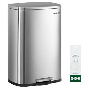 SONGMICS 20-Gallon (75 L) Trash Can, Stainless Steel Kitchen Garbage Can, Recycling or Waste Bin, Soft Close, Step-On Pedal, Removable Inner Bucket, Silver ULTB075EZ01