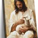 KYHDCJUB Jesus and Lamb Wall Art Jesus Saves the Lost Lamb Painting Christian Picture Wall Decor God Embraces Sheep Picture Prints Artwork for Living Room Bedroom Church 16x24 Inch Ready to Hang