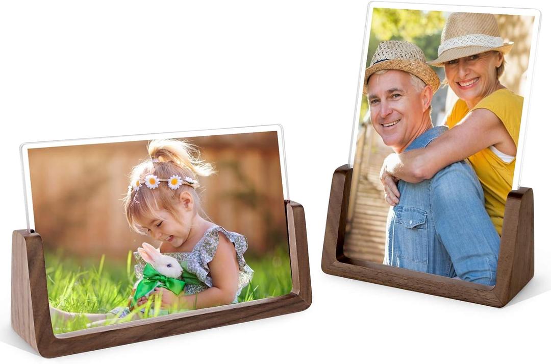Mixoo 5x7 Picture Frame 2 Pack - Double Rustic Vintage Wooden Picture Frames 5x7 inch with Walnut Wood Base and High Definition Break Free Acrylic Glass Covers for Tabletop Desktop Display ( 5x7" Horizontal + Vertical)