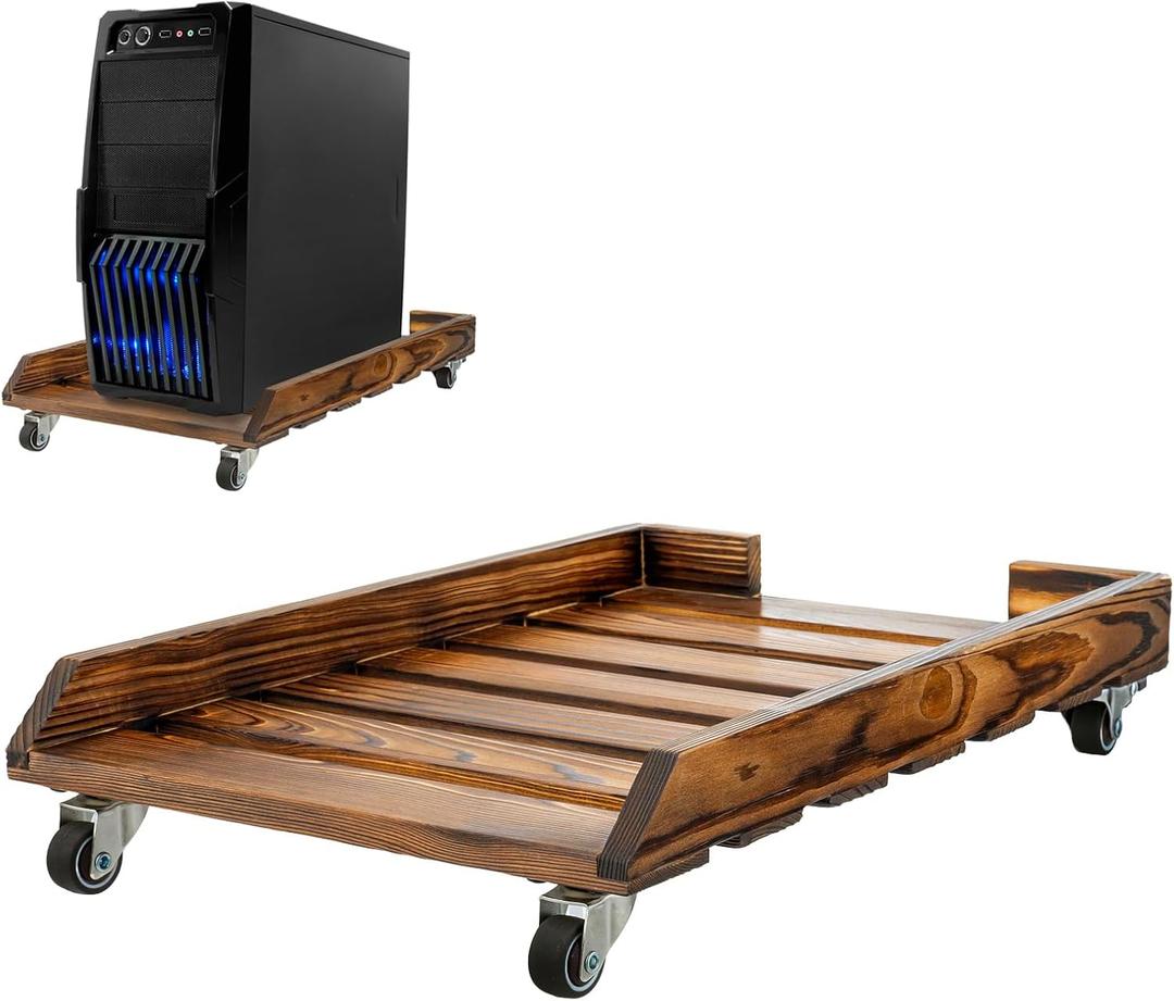 MyGift Rustic Solid Wood CPU Tower Stand  Deluxe PC Holder with Rolling Lockable Caster Wheels, Computer Case Floor Stand