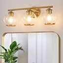 Mecgirn Brushed Gold Bathroom Vanity Light Over Mirror, 3 Light Bathroom Light Fixtures with Clear Globe Glass Shade, Modern Vanity Lighting Wall Mounted
