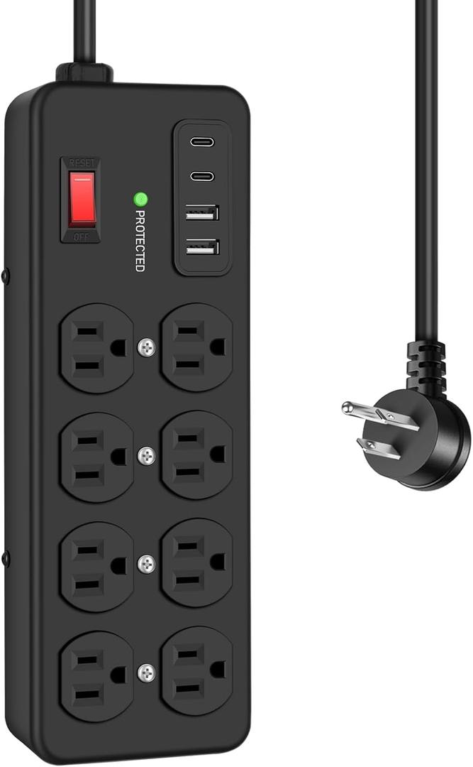 Heavy Duty Power Strip with USB,8 Outlet Workshop Metal Power Strip,PD20W USB C 15A 1200 Joules Surge Protection,Wide Spaced,15FT Cord