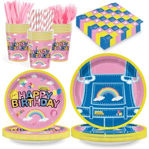 168PCS Cartoon Teacher Party Supplies for Girls Boys Kids Happy Birthday Party Decorations Dinnerware Set Paper Plates Napkin Cups Forks Knives Straw Tableware for 24 Guests