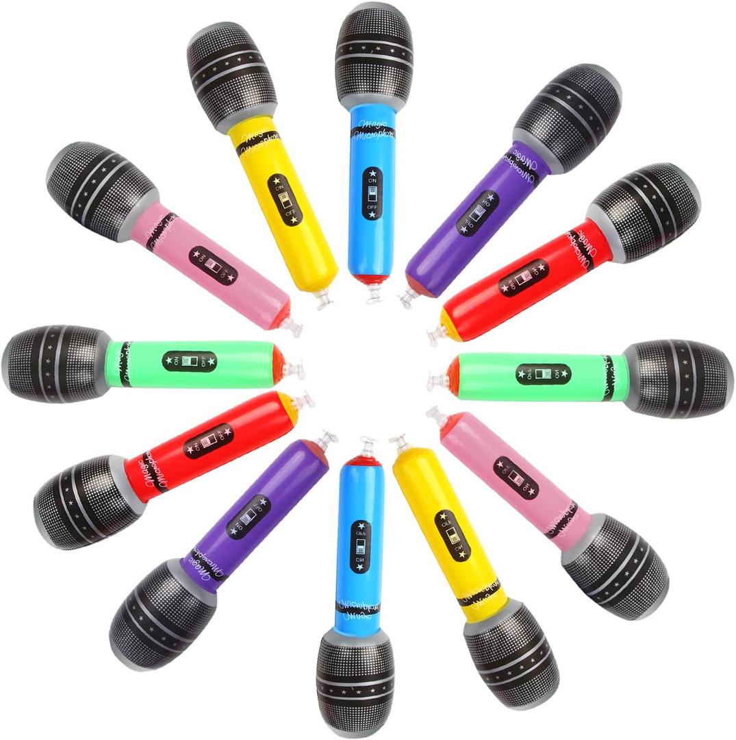 KIMOBER 12PCS Inflatable Microphones, Colorful Blow up Microphones Stage Act Mic Props for Pretend Play Party Favors Supplies