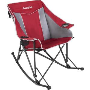 SUNNYFEEL Oversized Folding Rocking Camping Chair Fully Padded Patio Chair Red Portable Outdoor Rocker High Back Portable Lawn Recliner with Side Pocket Camp Rocker Chairs Heavy Duty 500 LBS, 107L x 95W x 55/92H cm