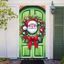 3 x Christmas Door Banner Set 35x71 Inch Santa Claus with Red Ribbon and Green Ornaments Home Porch Decoration Front Door Wall Hanging Party Holiday Outdoor Decoration