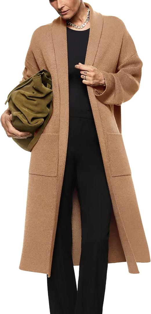 Womens Long Sleeve Maxi Cardigan Open Front Oversized Knitted Sweater Coat Casual Lapel Warm Overcoat with Pockets, Large