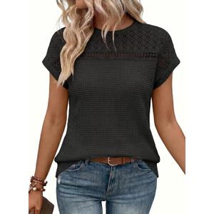 Dokotoo Women's Tops Casual Scoop Neck Short Sleeve Waffle Knit Hollow Out Shirts Loose Tunic Tops Blouses (XX-Large, Black)