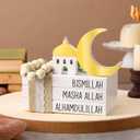 Blulu Islamic Wooden Tiered Tray Decor White Book Stack Golden Moon and Beads Start with Bismillah End with Alhamdulillah for Farmhouse Eid Muslim Ramadan Home Tabletop Art Decor(Bismillah)