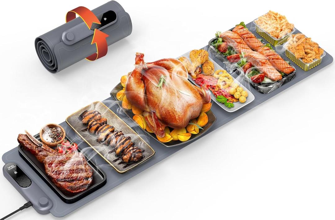 FEPPO Warming Mat for Food, Extra-Long Size 42"x12", Fast Full-Surface Heating Food Warming Mat with 6-Hour Timer & 19-Level Temperature Control, Roll Up Food Warmers for Parties Buffet (Grey)