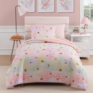 Twin Comforter Set with Sheets for Girls-5 Pieces Twin Bedding Sets with Pink Comforter, Sheets, Pillowcase & Sham for Kids (Colorful Gold Heart, 66" X 86")